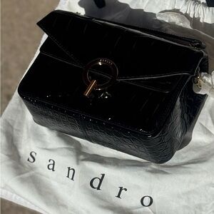 Sandro Black Croc-Embossed Patent Leather Crossbody Bag with Gold Ring Clasp